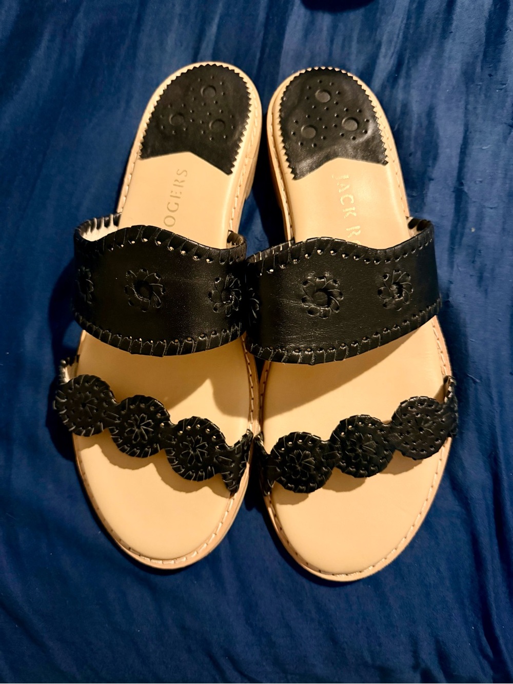 Jack Rogers Black Leather Double-Strap Slide Sandals